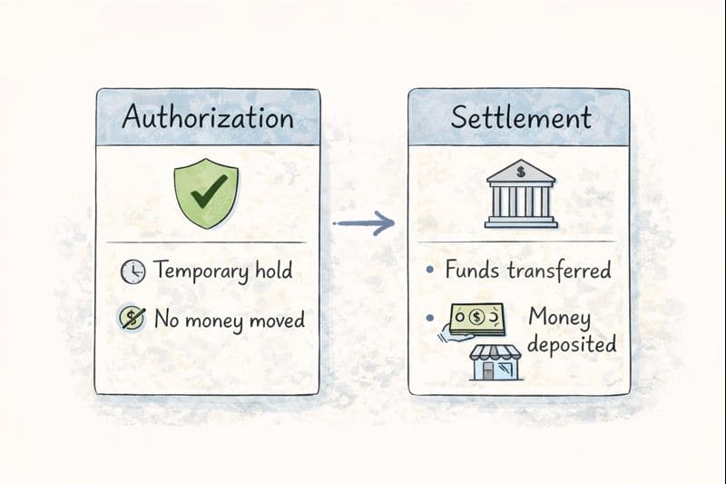 Side by side comparison of authorization and settlement stages in card payments