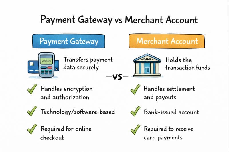 Side by side comparison showing the difference between a payment gateway and a merchant account