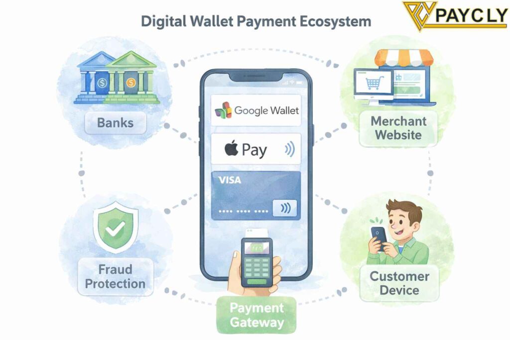 digital wallet payment ecosystem connecting customers, banks, and merchants