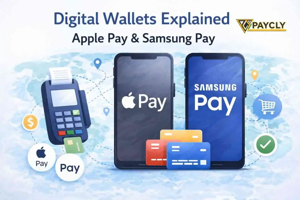 Digital wallets explained showing Apple Pay and Samsung Pay helping merchants accept payments online through secure mobile payment solutions.