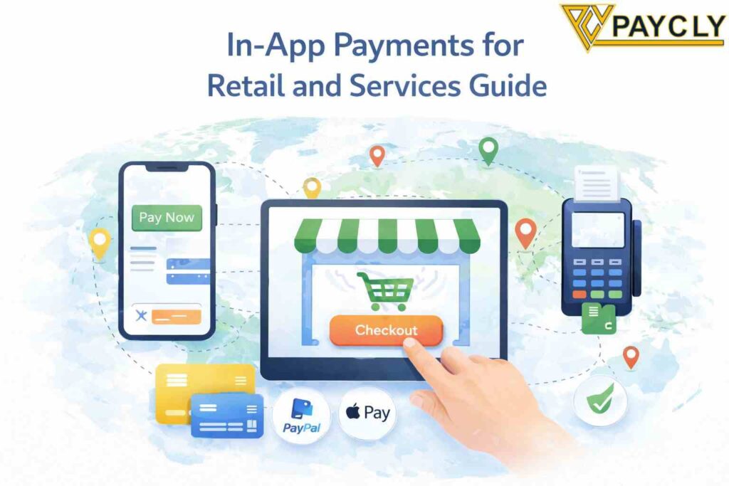 In-app payment processing for retail and service businesses showing mobile checkout, credit card payment solution, and global payment gateway integration