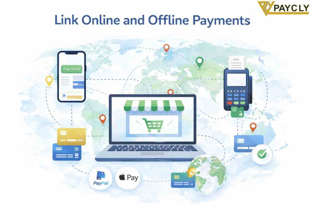 Seamless online and offline payment integration showing mobile checkout and POS credit card processing connected through a unified global payment gateway solution.
