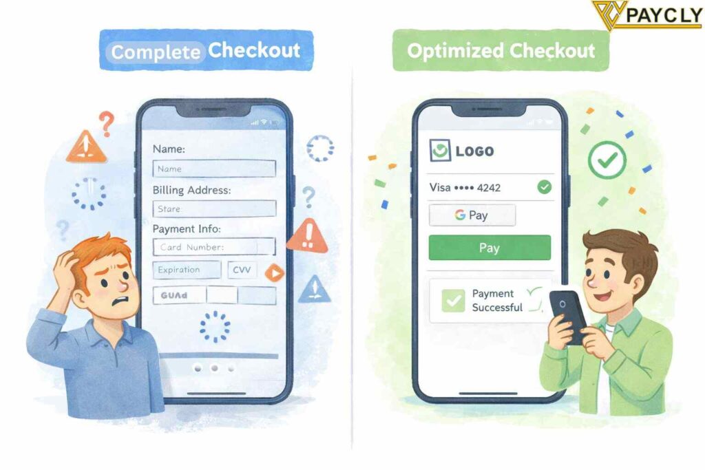 comparing cluttered mobile checkout page with optimized ecommerce payment experience