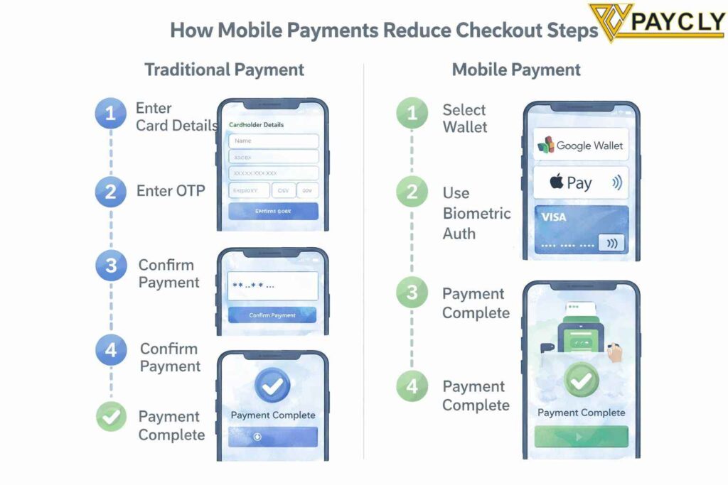comparing traditional payment checkout steps with simplified mobile payment checkout flow