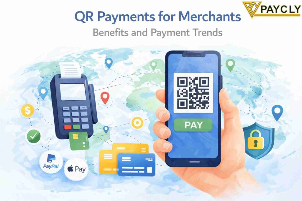 Merchant accepting global QR code payment using smartphone scan, showing alternative payment methods, credit card processing, and secure digital transaction system.