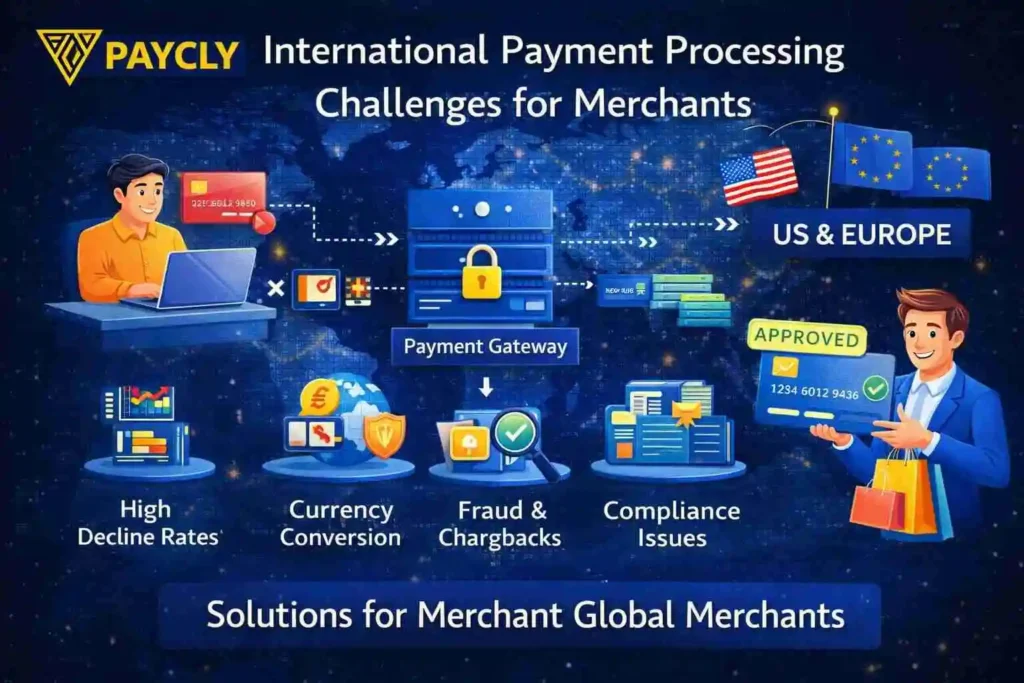 International payment processing challenges showing global payment gateway, fraud prevention, and multi-currency solutions for merchants.