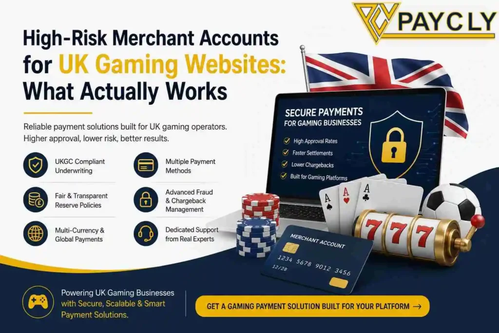 High-risk merchant account for gaming websites in the UK offering secure gaming payment processing and payment gateway solutions by PayCly.