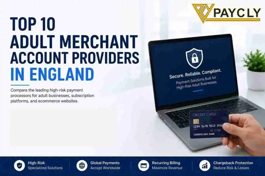 Comparison of top adult merchant account providers in England including PayCly, Boxcharge, WebPays, Inquid, Amald, CCBill, and Segpay for high-risk adult payment processing.